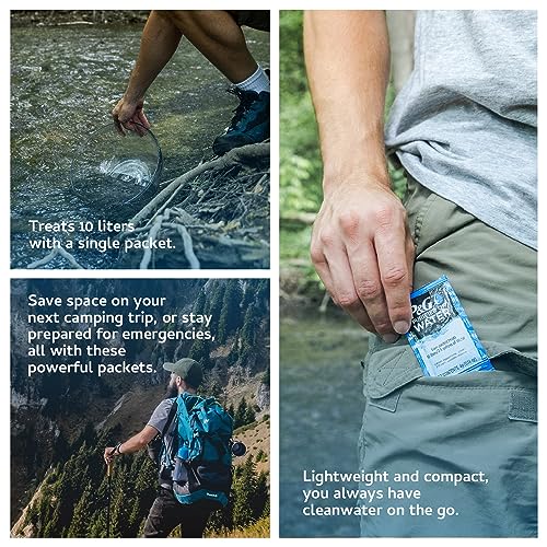 P&G Purifier of Water Portable Water Purifier Packets. Emergency Water Filter Purification Powder Packs for Camping, Hiking, Backpacking, Hunting, and Traveling.