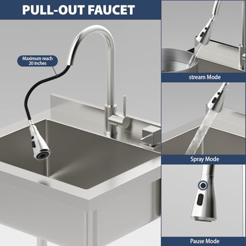 Lordear Stainless Steel Utility Sink 24 Inch - 24"x21" Freestanding Stainless Steel Kitchen Sink Single Bowl Commercial and Residential Use for Laundry Room Garage Outdoor and Kitchen