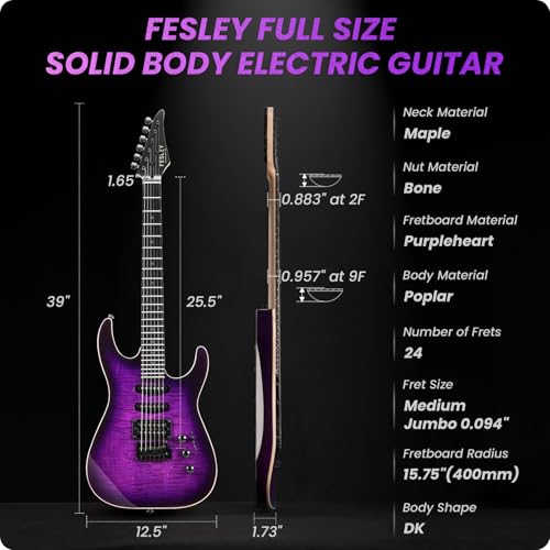 39" Solid Body Electric Guitar: Electric Guitar Kit with Bone Nut, Full Size 6 String Guitars with 24 Frets, Poplar Body AAA Flame Maple Top, Guitarra Electrica with HSS Ceramic Pickup,Black