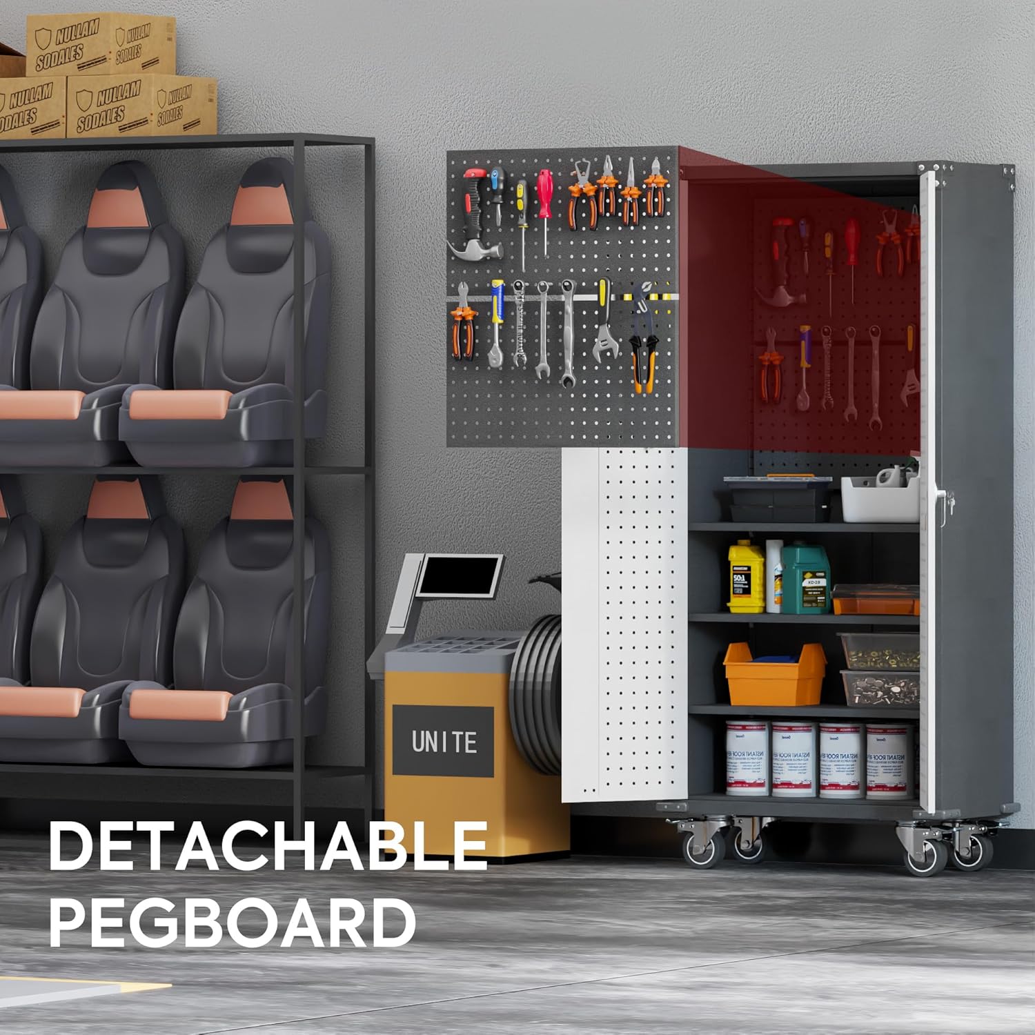 Metal Storage Cabinet with Pegboard and Wheels, Metal Utility Cabinets for Garage, Kitchen, Office Basement, Assembly Required