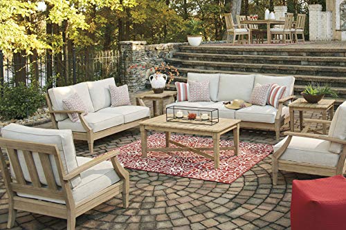 Signature Design by Ashley Carter Hall Outdoor Eucalyptus Patio Sofa with Cushion, Beige