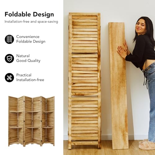 Room Divider with Shelves, 5.6 Ft Tall Folding Wood Screen with Double Hinges for Home Office Bedroom Hotel Decoration (6 Panels, Brown)