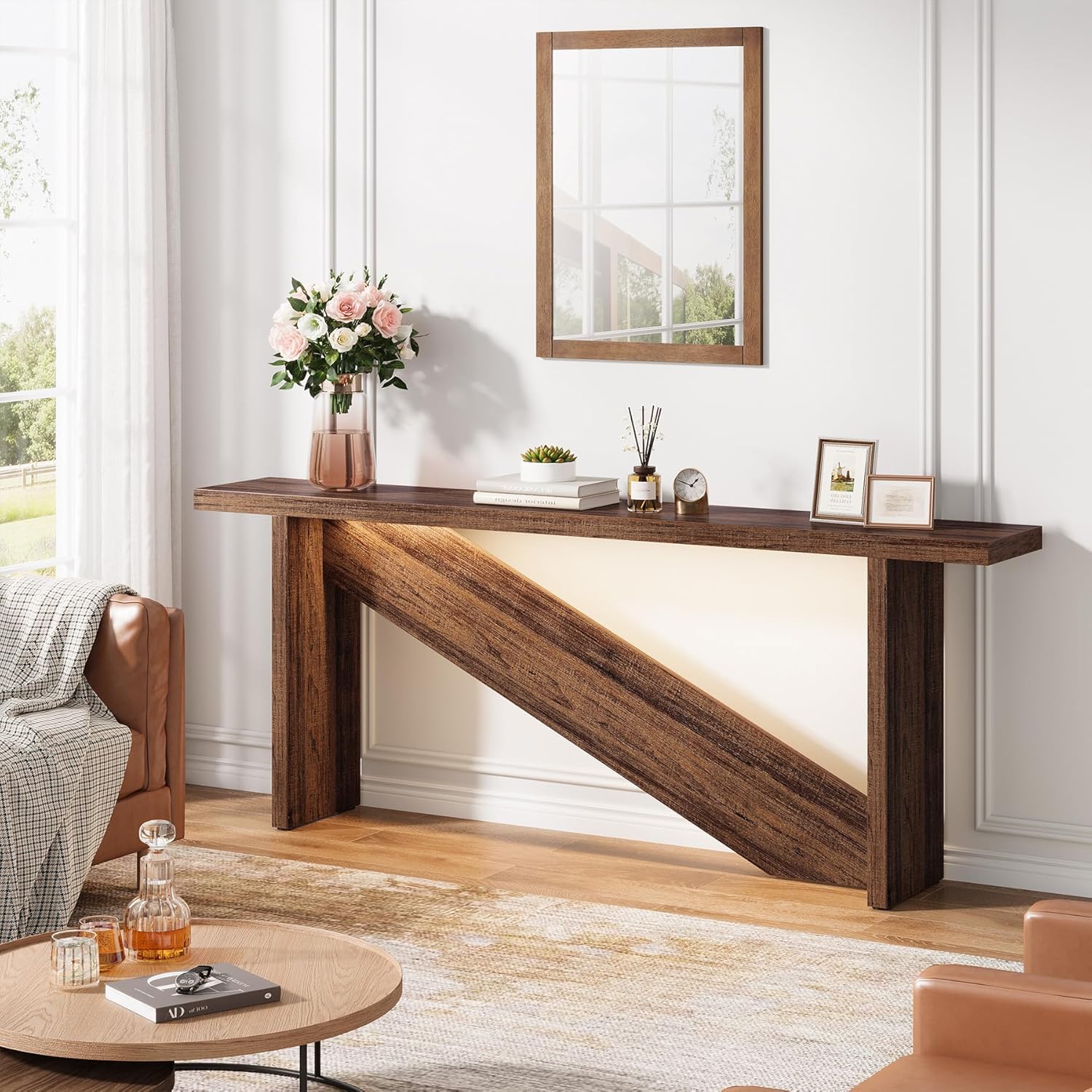 Console Table with LED Lights, 70.86" Long Sofa Table Behind Couch, Narrow Wood Entryway Table, Farmhouse Foyer Table, Industrial Console Table for Entryway, Living Room, Hallway, Rustic Brown