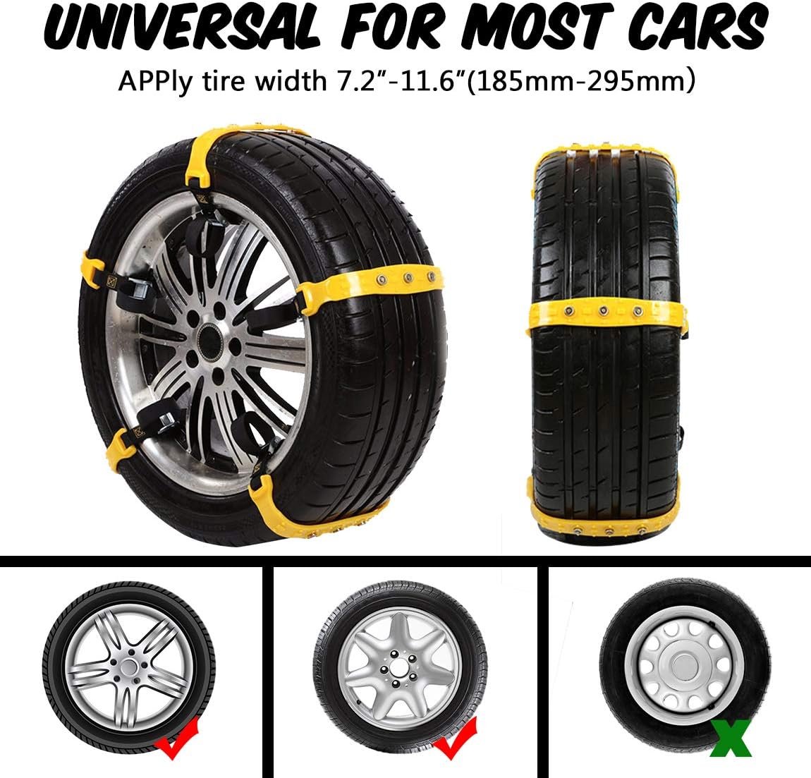 PrettyQueen 10 Pcs Upgraded Car Tire Chains for Snow Ice Mud, Anti-Skid Car Chains Emergency Traction Universal for Tyres 185-295mm/7.2-11.6 inches