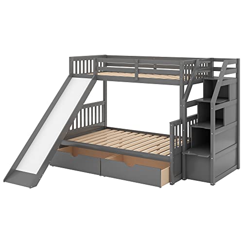 Harper & Bright Designs Twin Over Full Bunk Bed with Stairs and Slide, Multifunction Wood Bunk Bed with Storage Drawers, Gray