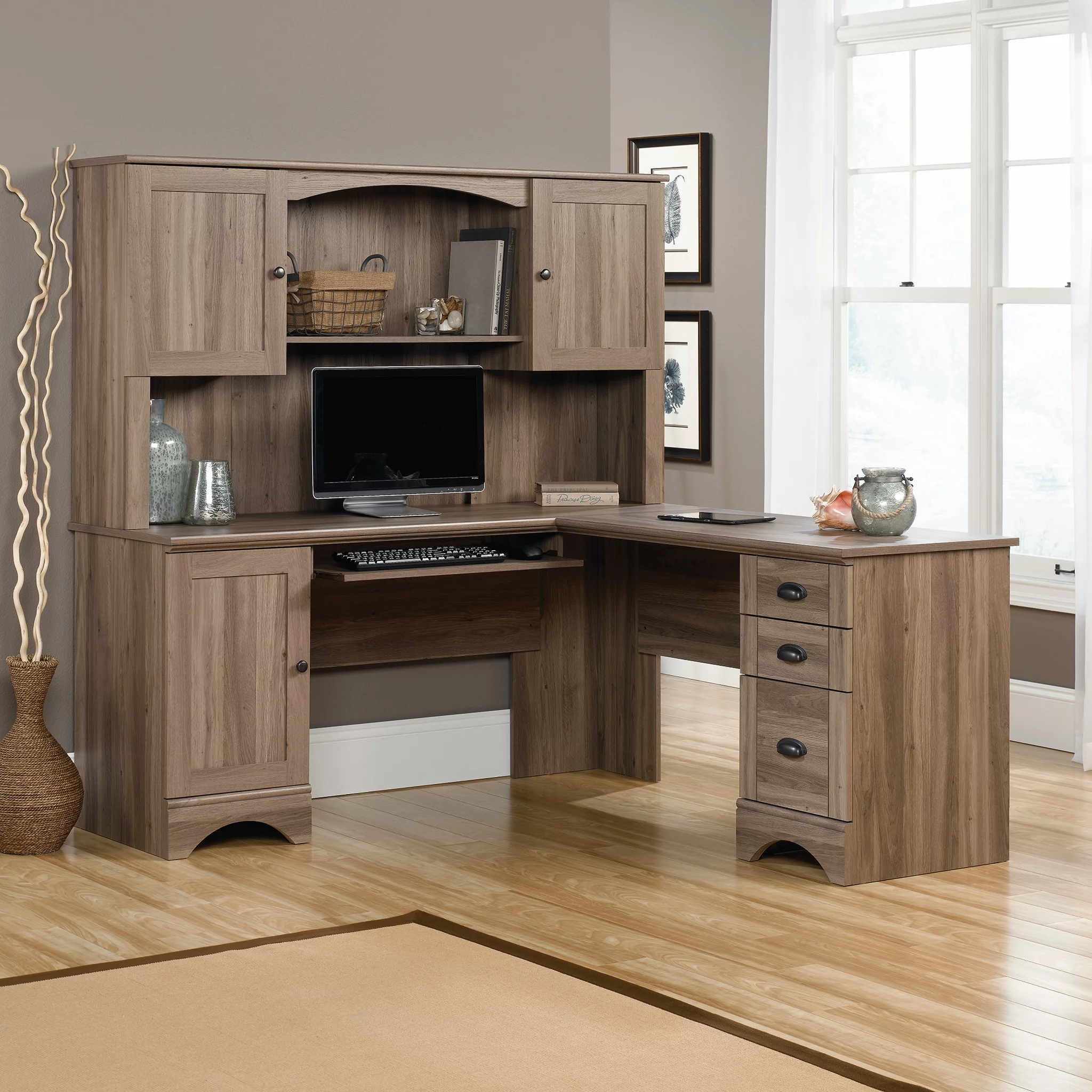 Sauder Harbor View L Shaped Computer Desk with Storage in Salt Oak