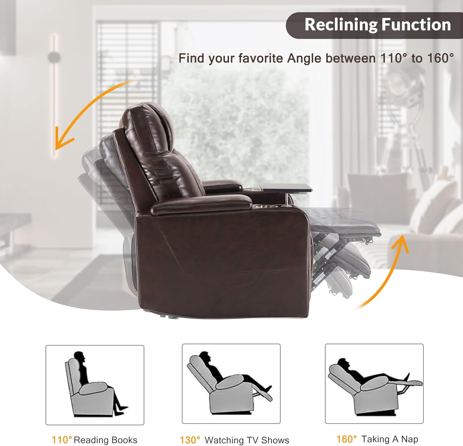 Power Motion Chair with USB Charging Port and Hidden Arm Storage 2 Convenient Cup Holders Design and 360° Swivel Tray Table,Assisted Reclining Furniture for Elderly & Disabled, Brown