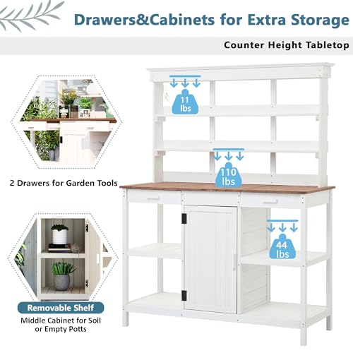 Outdoor Wooden Potting Bench Table – Farmhouse Garden Workstation with Drawers, Cabinet & Storage Shelves, Large Fir Wood Work Table for Patio, Backyard, Mudroom, Greenhouse (Light Brown, 66''H)