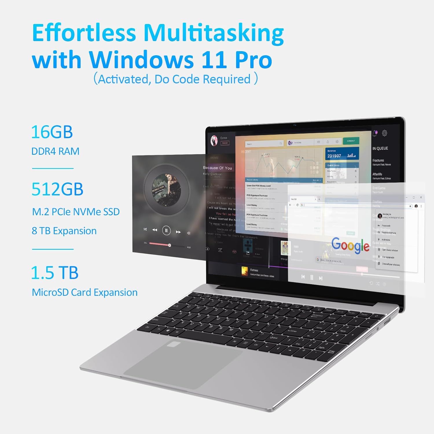 AMD Ryzen 7 5700U Laptop, Radeon RX Vega 8 Graphics, 16GB DDR4 RAM, 512GB M.2 PCIe NVMe SSD, 15.6" FHD IPS LCD, Backlit Keyboard, Fingerprint Reader, Webcam, USB C, Bluetooth, 5G WiFi, Windows 11 Pro
