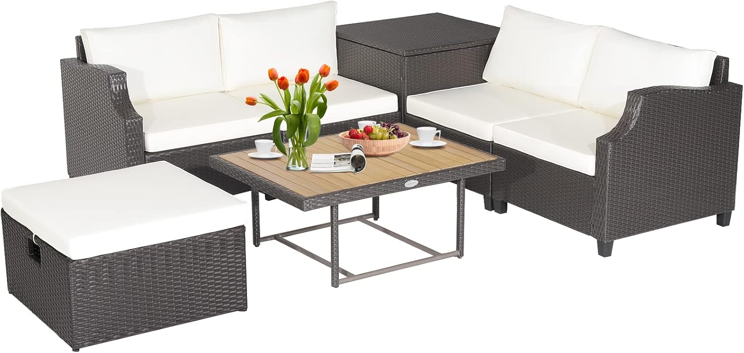 COSTWAY 7pcs Patio Outdoor PE Wicker Cushioned Furniture Conversation Set Sectional Sofa