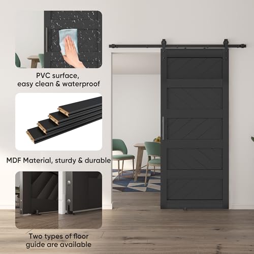 JUBEST 36" x 84" Barn Door, Slding Barn Door Kit Wave Shape Barn Door Panel with Hardware Kit Include, Easy Installation, Solid Wood, MDF & PVC Covered, Black