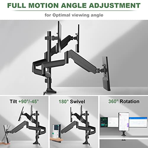 Triple Monitor Mount, 3 Monitor Desk Mount for Three Flat/Curved Computer Screens up to 27 inch, Fully Adjustable Gas Spring Triple Monitor Arms Hold up to 17.6lbs, VESA 75x75/100x100mm