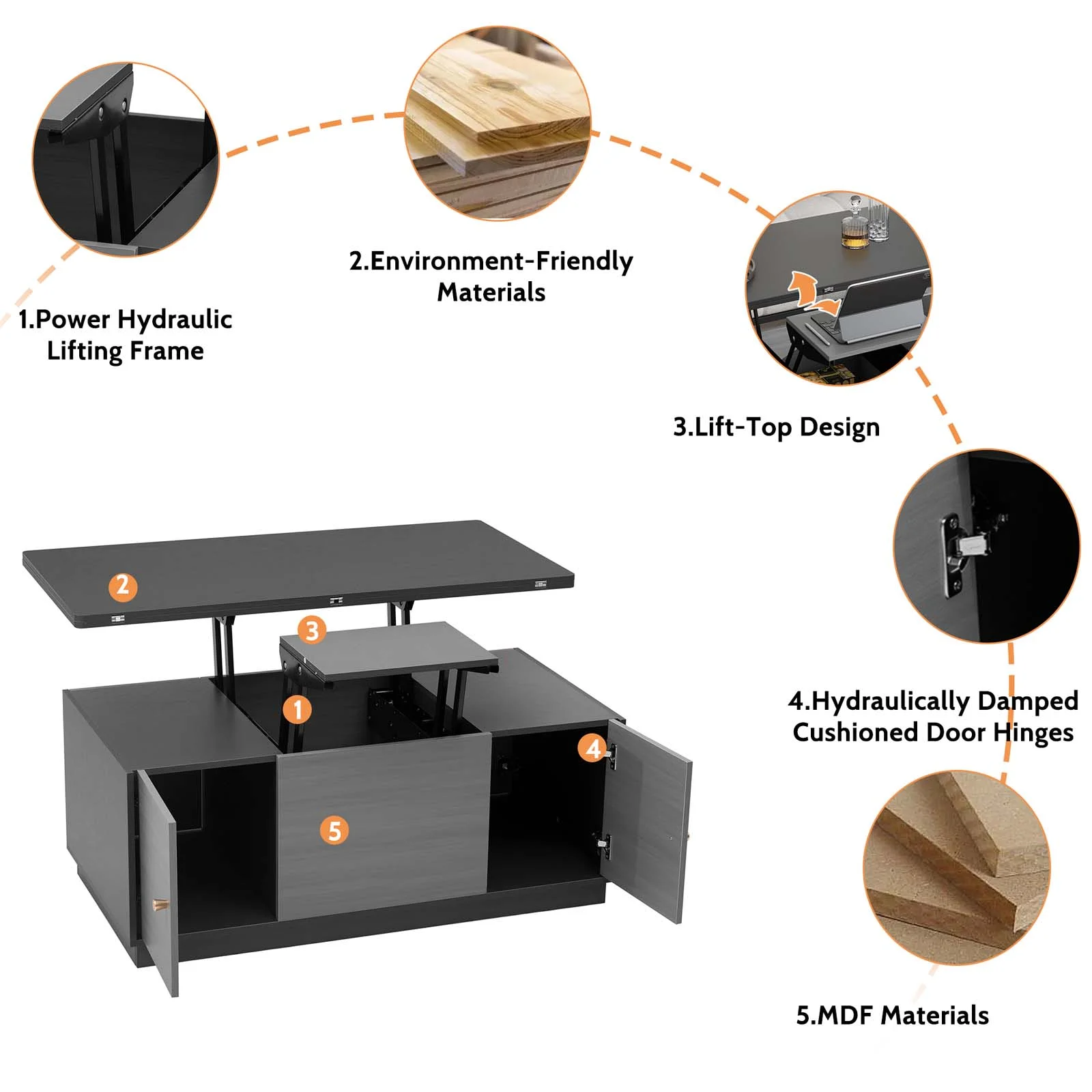 YISUYA Modern Multifunctional Coffee Table, Rectangle Lift-top Coffee Table, Gray Multi-Functional End Table with 2 Storage Cabinets and Hidden Storage, Can be Used as A Dining Table or Workspace