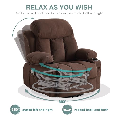 Massage Recliner Chair, Swivel and Rocking Recliner with Heat and Vibration, Breathable Fabric Ergonomic Single Sofa Chair for Living Room with Cup Holders, Side Pockets and USB