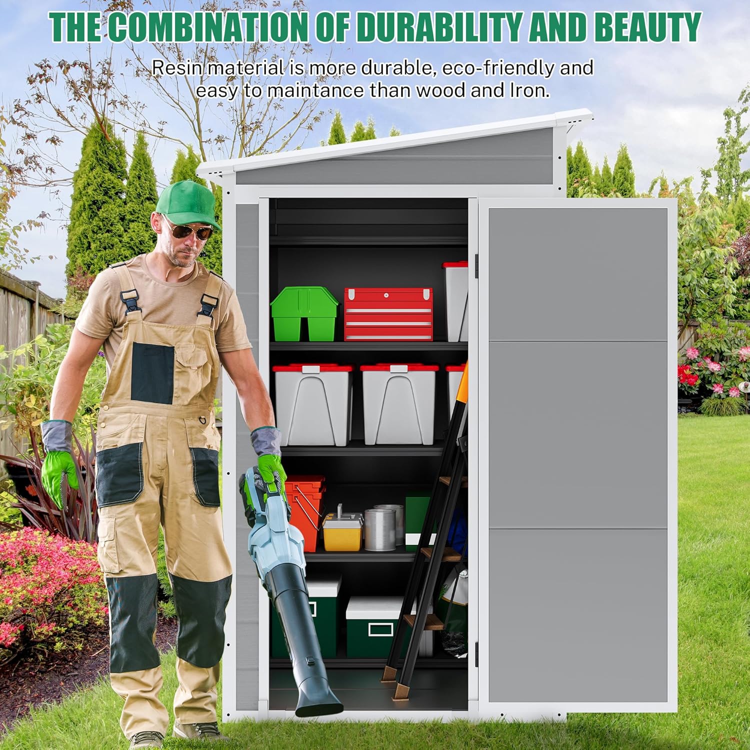 5x4 FT Resin Outdoor Storage Shed with Floor, All-Weather Outdoor Shed with Lockable Door, Window & Sloped Roof, Plastic Sheds & Outdoor Storage Clearance for Garden Patio Poolside Deck, Gray
