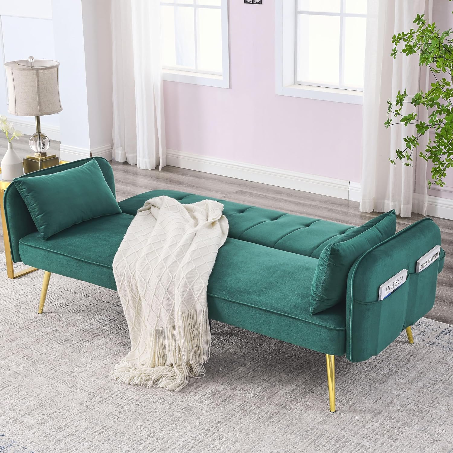 Convertible Futon Sofa Bed, 72.5" Velvet Reversible Couch with Adjustable Backrest, Two Pillows & Side Storage Pockets, Folding Sleeper Recliner Daybed for Living Room Furniture, Green