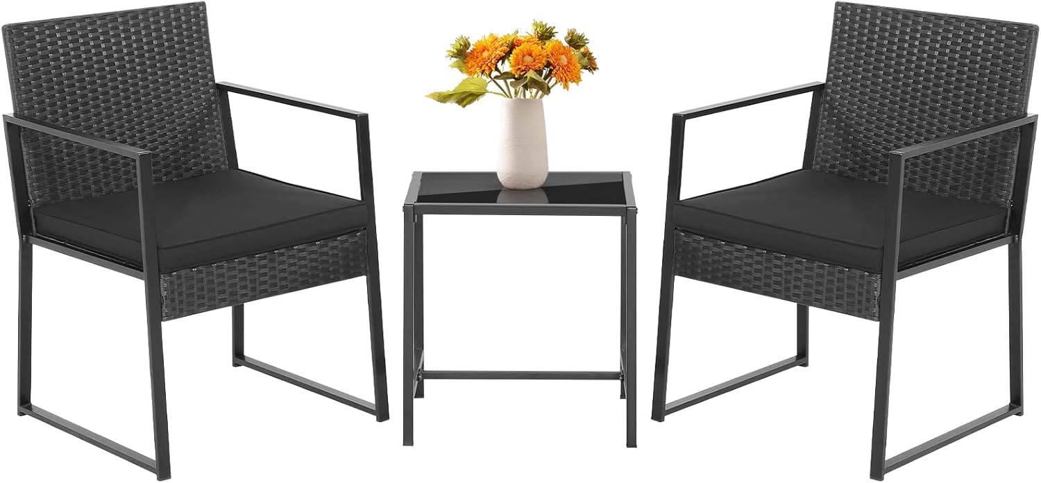 COSTWAY 3pcs Patio Furniture Set Heavy Duty Cushioned Wicker Rattan Chairs Table Outdoor Black