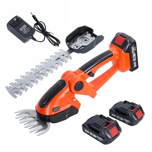 Cordless Hedge Trimmer & Grass Shears, 2 in 1 Electric Shrub Trimmer Handheld Grass Cutter, 21V Lightweight Hedge Clippers with Battery and Charger for Garden and Lawn (Orange)