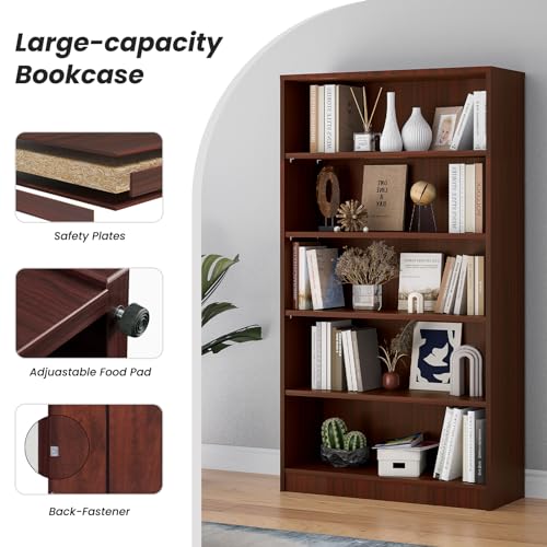 Farini 5 shelf boockase Display Bookcase Freestanding Wooden Bookshelves for Home Office Living Room,60 Inch Height,Cherry