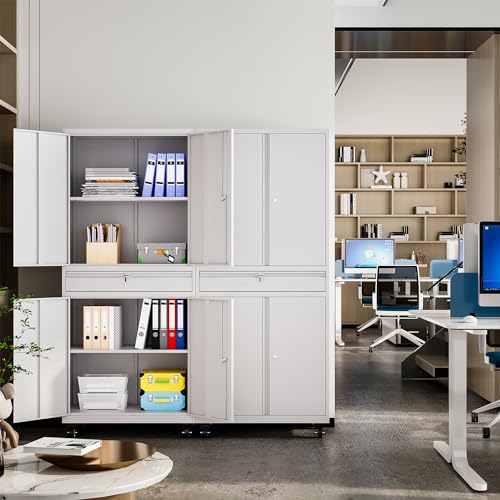 Metal Storage Cabinet with Wheels, Garage Storage Cabinet with Locking Draw and Adjustable Shelf, Tool Storage Cabinet for Garage, Home, Office, Gym, School (White, On Wheels)
