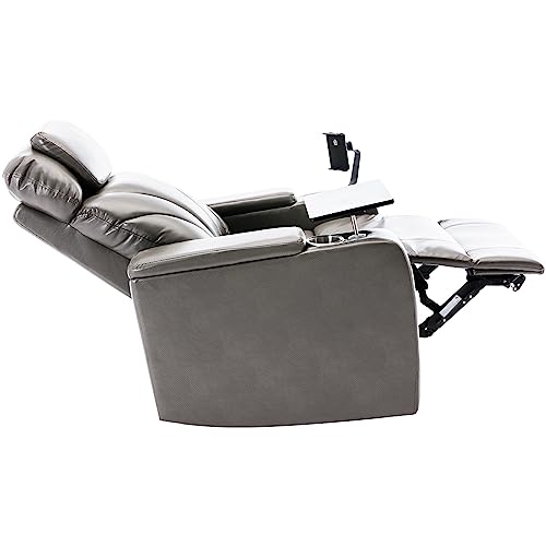 Recliner Sofa Swivel PU Leather Power Recliner Individual Seat Home Theater Recliner with Tray Table, Phone Holder, Cup Holder, USB Port, Hidden Arm Storage for Living Room (Grey)