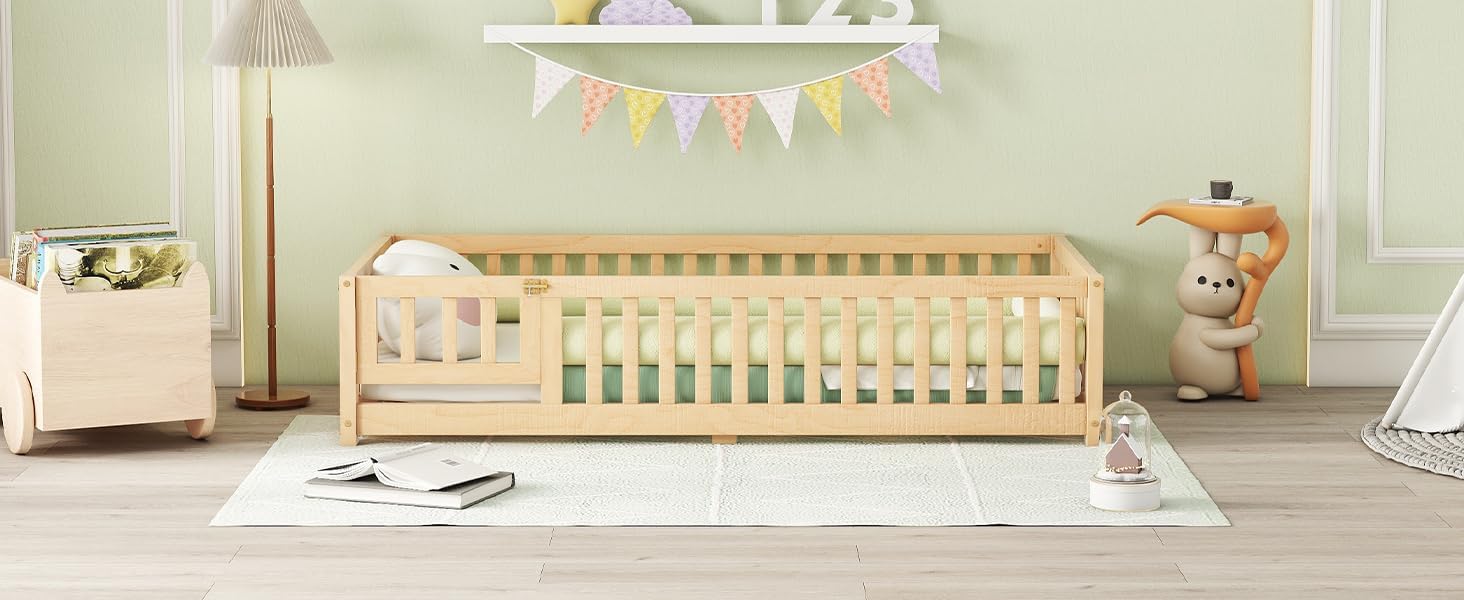 VOXIV Twin Size Montessori Floor Bed,Twin Size Floor Bed with Door and Fence, Floor-Bed-Frame for Children Bedroom,Toddlers, Boys Girls,Easy Assembly,Natural