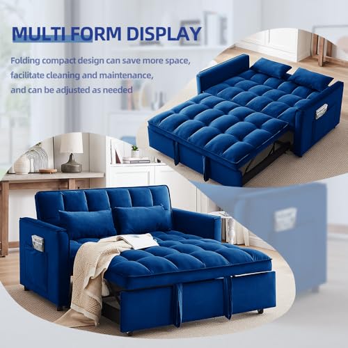 3-In-1 Sleeper Sofa,Velvet Pull Out Sofa Bed，55.1-Inch Futon Convertible Loveseat Sleeper， Love Seat with Adjustable Back, Sleeper Chair with Storage Bag & Pillow, for Living Room, Bedroom (A-Black)