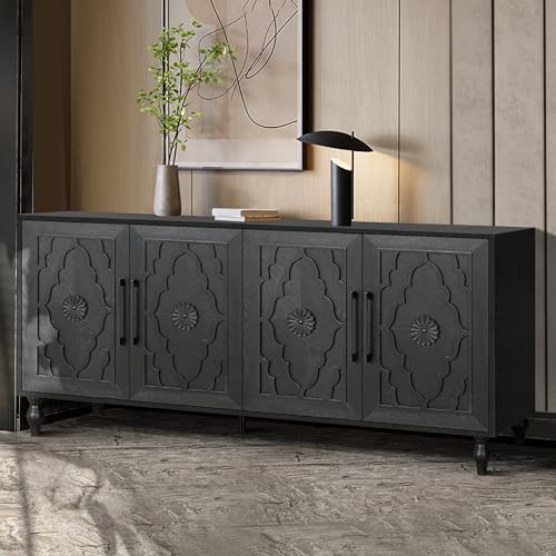 LUMISOL Sideboard Buffet Cabinet, Wooden Storage Cabinet with 4 Carved Flower Doors and Metal Handles, Retry Style Kitchen Sideboard, TV Stand Table for Living Room, Dining Room, Entryway, Natural