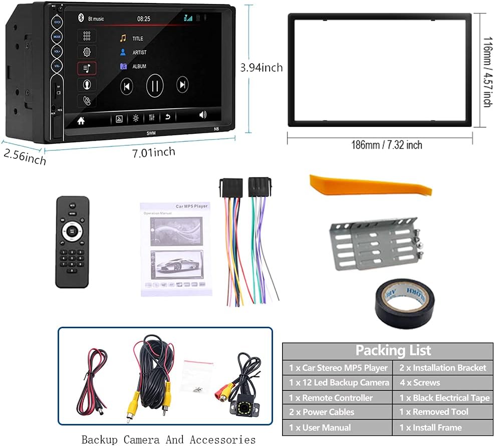 7" Car Stereo Double Din Radio Audio Receivers Digital Media Capacitive Touchscreen MP5 Player with Backup Camera, Support Phone Mirror Link, Steering Wheel Control,Bluetooth Handsfree/USB/SD/AUX