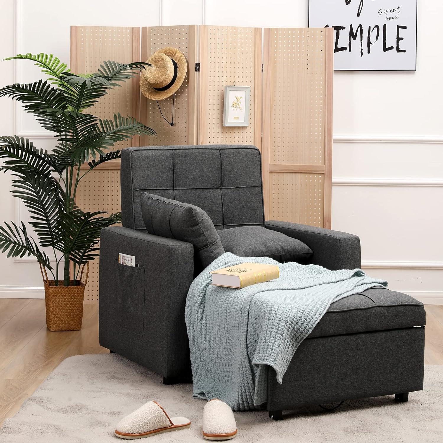 Convertible Chair Bed 3-in-1,Folding Sleeper Chair Bed, Multi-Functional Adjustable Recliner for Apartment, Living Room, Sofa, Bed, Single Bed Chair with Pillow Dark Grey