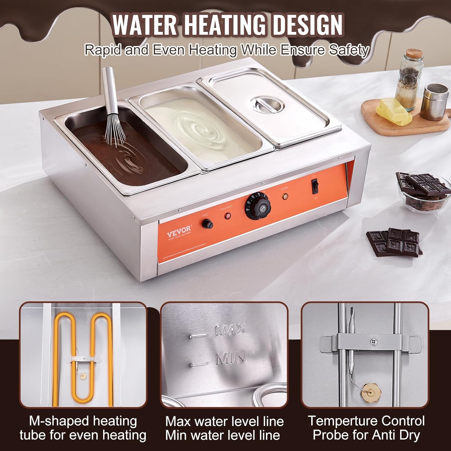 Chocolate Tempering Machine, 26.5 Lbs 3 Tanks Chocolate Melting Pot TEMP Control 86~185℉, 1500W Stainless Steel Electric Commercial Food Warmer For Chocolate/Milk/Cream Melting and Heating