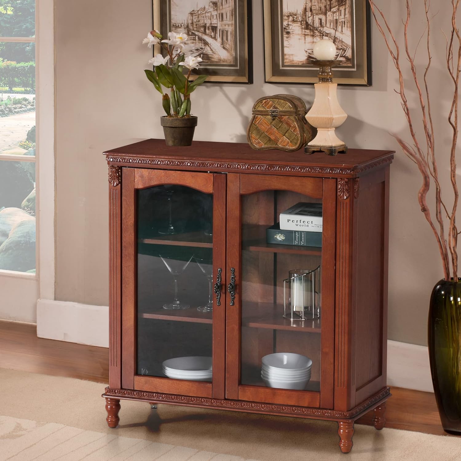 Sideboard Buffet Cabinet, Accent Wood Display Storage Cabinet with Glass Double Doors and Adjustable Shelves for Kitchen Living Dining Room Office, Embossed Frame