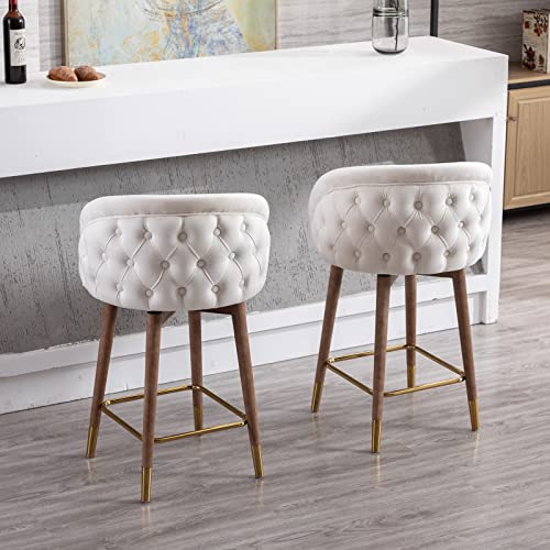 Guyou 26” Swivel Velvet Counter Stools Set of 2, Upholstered Counter Height Bar Stools with Tufted Back Kitchen Island High Chairs with Wood Legs and Gold Footrest for Pub Home Bar Dining Room (Black)
