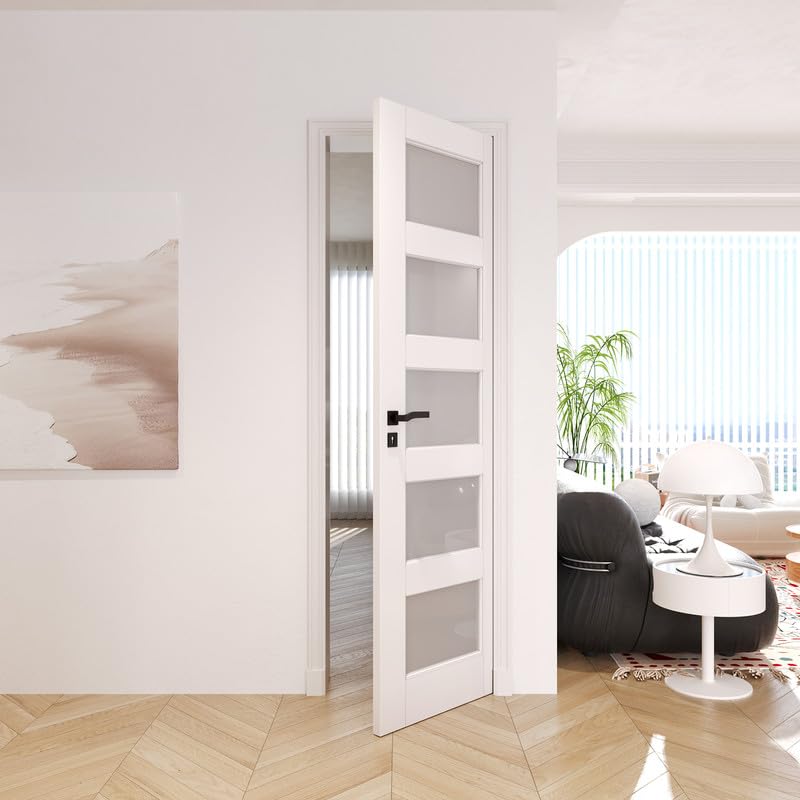 24" x 80" Slab Doors 5-Lite Tempered Frosted Glass Interior French Door, Soild MDF Door PVC Surface Single Panel Slab for Living Room Pantry Laundry Easy Assembly - without Hardware