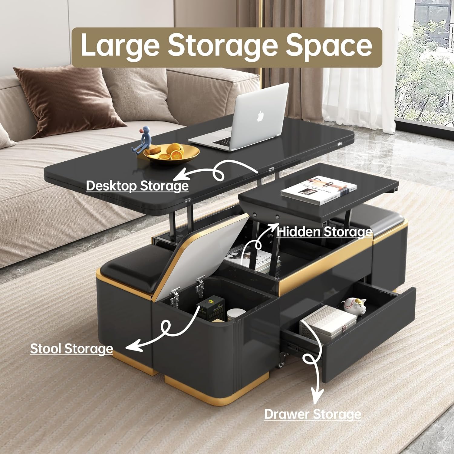 Black Lift Top Coffee Table with 4 Storage Stools, 3 in 1 Multifunctional Storage Coffee Table, Coffee Table with Lift Top, Adjustable Coffee Table Converts to Dining Table for Living Room