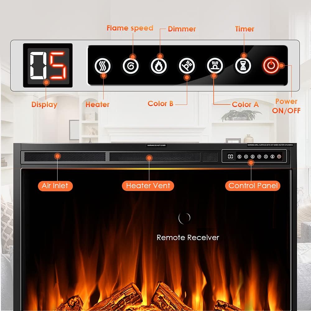 Electric Fireplace Insert 37", Rintuf Electric Heater Recessed or Free-standing, Adjustable Flame Colors and Speed, Touch Screen, Remote Control with Timer, 750-1500W with Colorful Flame Option, Black