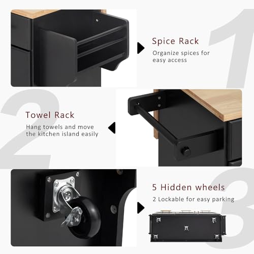 59.3" Rolling Kitchen Island on Wheels with Trash Can Storage Cabinet, Island Table for Kitchen with Power Outlet, Kitchen Cart with Drop Leaf and Internal Storage Rack (Black)