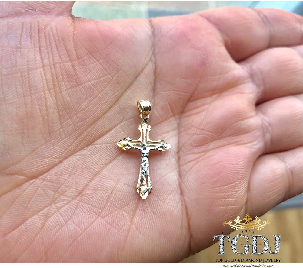 14K Real Gold Two Tone Linear Jesus Cross Pendant - 25x16 MM Crucifix Charm Necklace Pendant - Great Gift for Men & Women