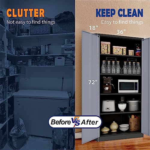 Yizosh Metal Garage Storage Cabinet with 2 Doors and 5 Adjustable Shelves - 71" Steel Lockable File Cabinet,Locking Tool Cabinets for Office,Home,Garage,Gym,School (Gray White)
