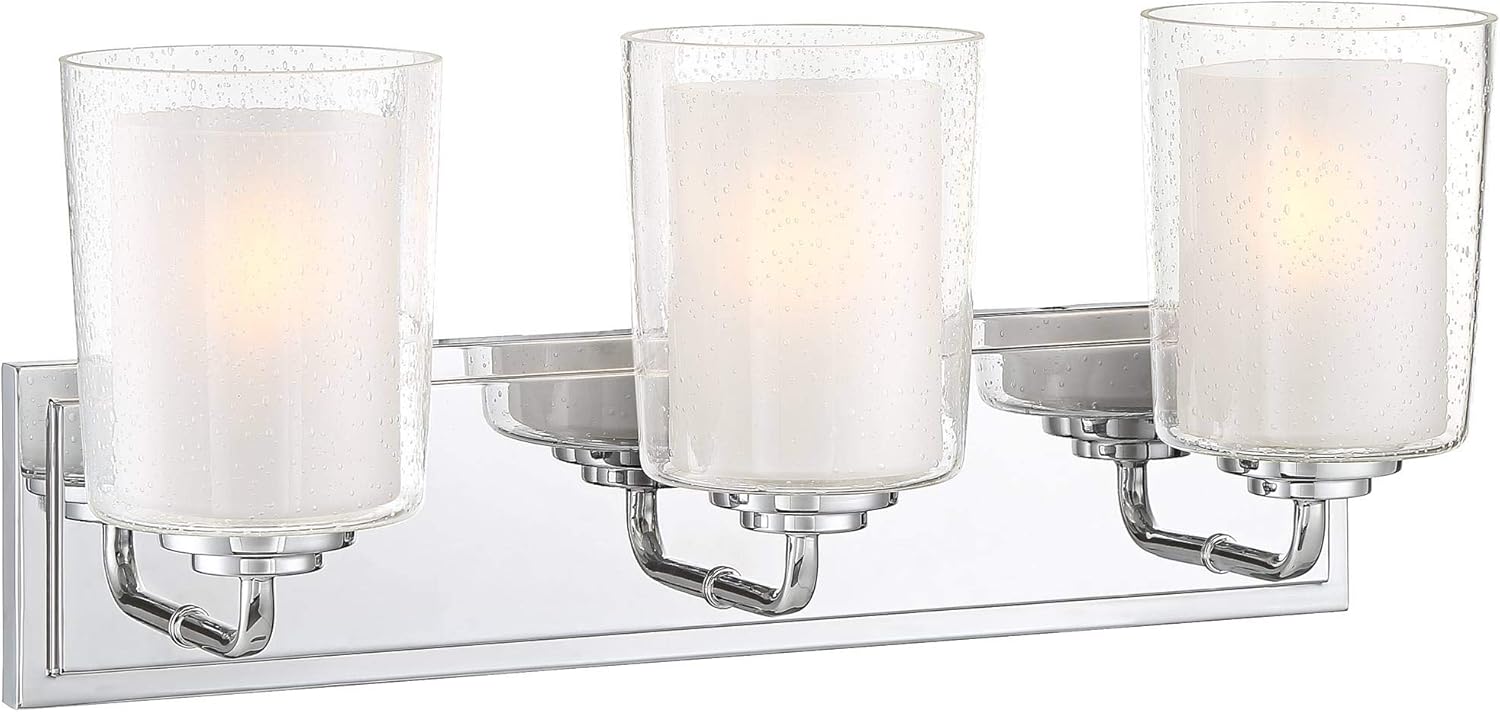 Possini Euro Design Mabelle Modern Wall Light Chrome Silver Hardwired 22 1/2" Wide 3-Light Fixture Mounted Clear Seedy Outer Frosted Glass Inner Bathroom Vanity Mirror House Home Hallway Room Decor