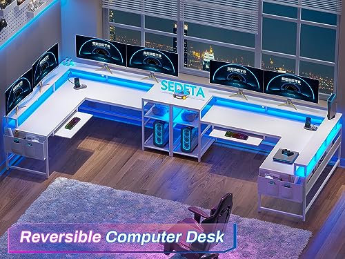 SEDETA L Shaped Gaming Desk, Reversible Computer Desk, Gaming Desk with Power Outlets & LED Strip, Monitor Shelf, Keyboard Tray, Pegboard and Storage Shelves for Home Office, Black