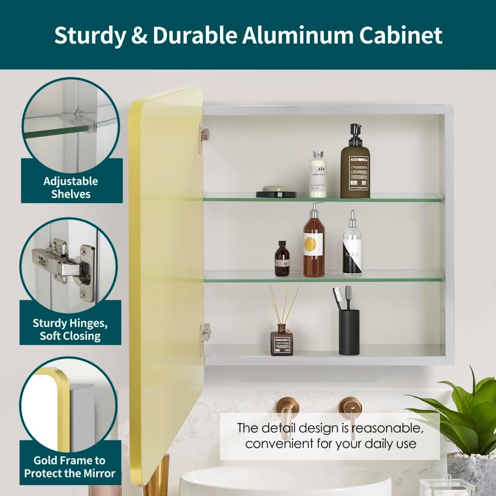 Movo Gold Bathroom Medicine Cabinet Mirror,24 inch X 22 inch Wall Mounted or Recessed Medicine Cabinet,Adjustable Glass Shelves, Waterproof and Rust-Resist Mirror Medicine Cabinet