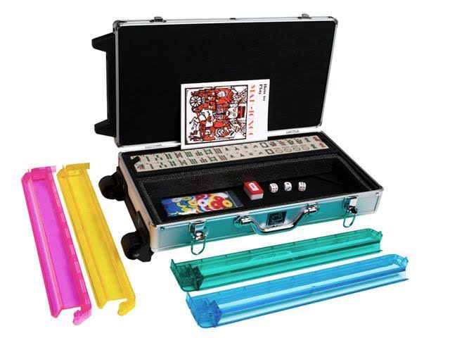 White Swan mAh Jongg - Ivory Tiles - Modern Pusher Arms - Wheeled Aluminum Case - Silver