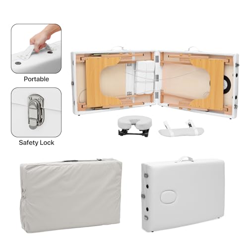 MoNiBloom Massage Table 3 Fold Portable Massage Table 82" Massage Bed Height Adjustable SPA Bed w/Carry Case Beechwood Frame Foldable Massage Table, White