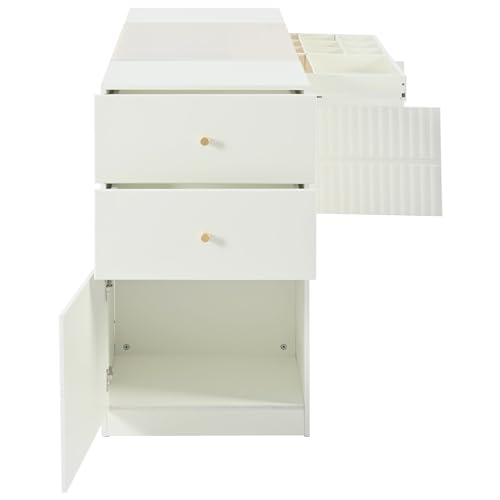 Wardrobe Armoire Bedroom Island with Glass Top, Glass Display Shelf & 6 Drawers, Wooden Closet Storage Cabinet with Open Shelves for Bedroom, Shops, Walk-in-Wardrobe, White