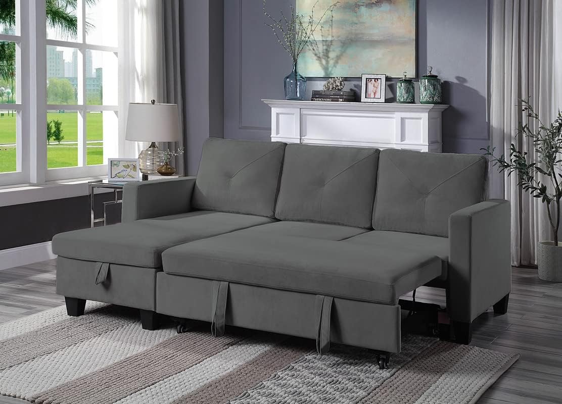 FANYE L-Shaped Reversible Corner Convertible Sectional Sofa with Pull Out Sleeper Couch Bed and Storage Chaise for Home Apartment Office Living Room, Dark Gray Velvet Sofa&Couch, 82.5"