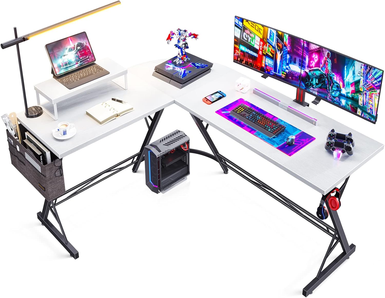 L Shaped Gaming Desk, 58" Home Office Desk with Round Corner, Computer Desk with Large Monitor Stand Desk Workstation