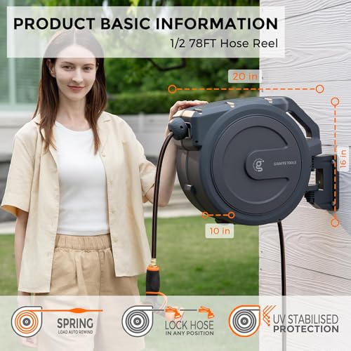 Giraffe Tools Hose Reel 1/2‘’ 78ft, Heavy Duty Retractable Garden Hose Reel with Any Length Lock, Slow Return System, Wall Mounted and 180 Deg Swivel Bracket