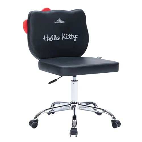 Impressions Vanity Hello Kitty Kawaii Swivel Vanity Chair for Makeup Room, Adjustable Height Cute Desk Chair with Wheels Rolling, Comfy Polyurethane Foam Back Armless Chair for Dorm (Black)