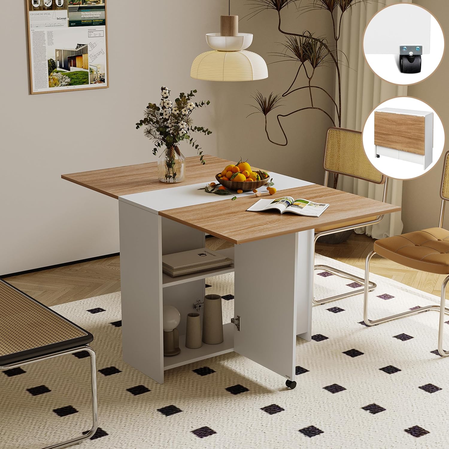 Folding Dining Table with Wheels, Drop Leaf Dining Table with 2 Layer Storage Shelf, Farmhouse Wood Kitchen Table for 4, Rectangle Extendable Dining Table for Kitchen Small Spaces, White+Oak